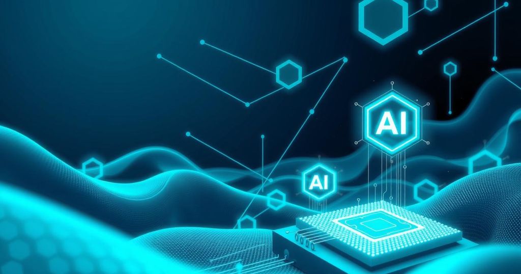 A modern digital landscape representing AI investment, featuring abstract tech elements in cool color tones.