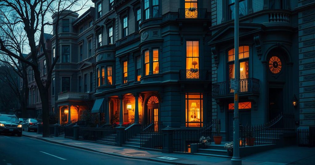 Luxury Manhattan townhouse exterior with a sense of unease and dark atmosphere, reflecting a crime story.