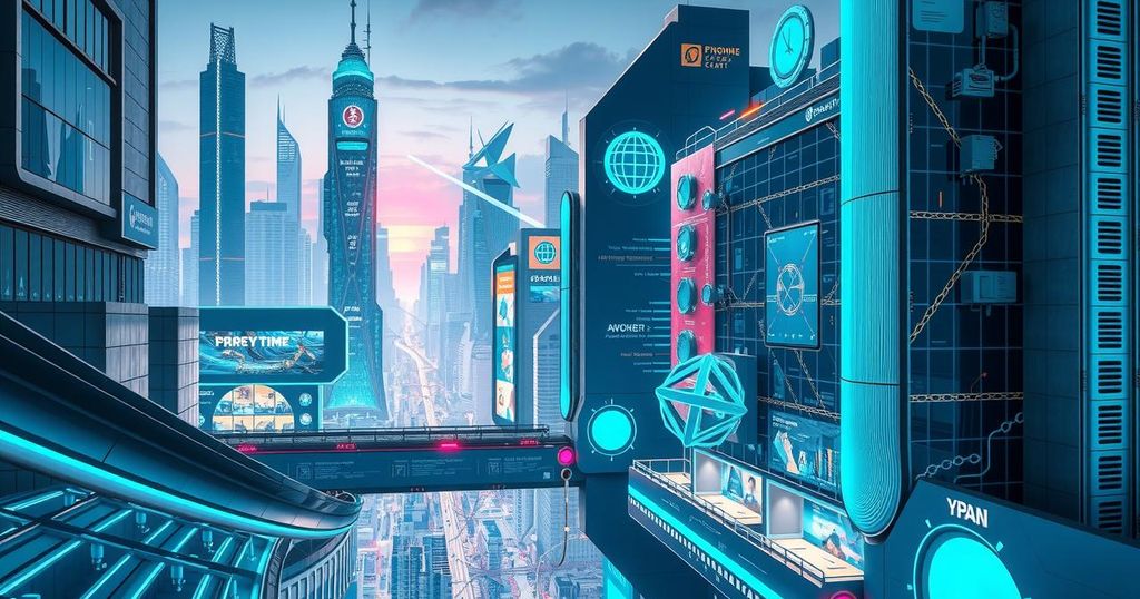 A futuristic cityscape depicting advanced technology and innovation, showcasing AI elements and vibrant colors.