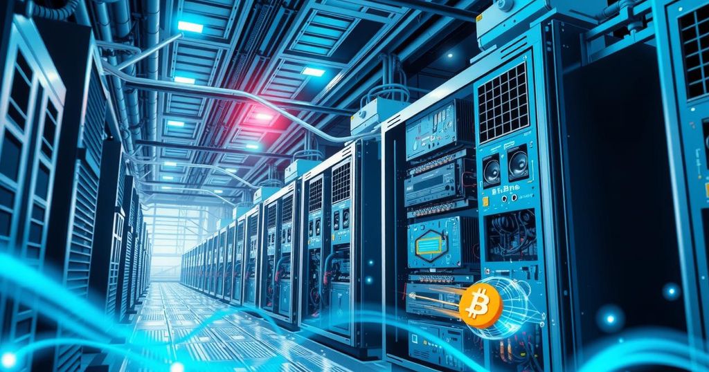 Representation of Bitcoin mining equipment and energy setup with gears and circuitry elements in a modern style.
