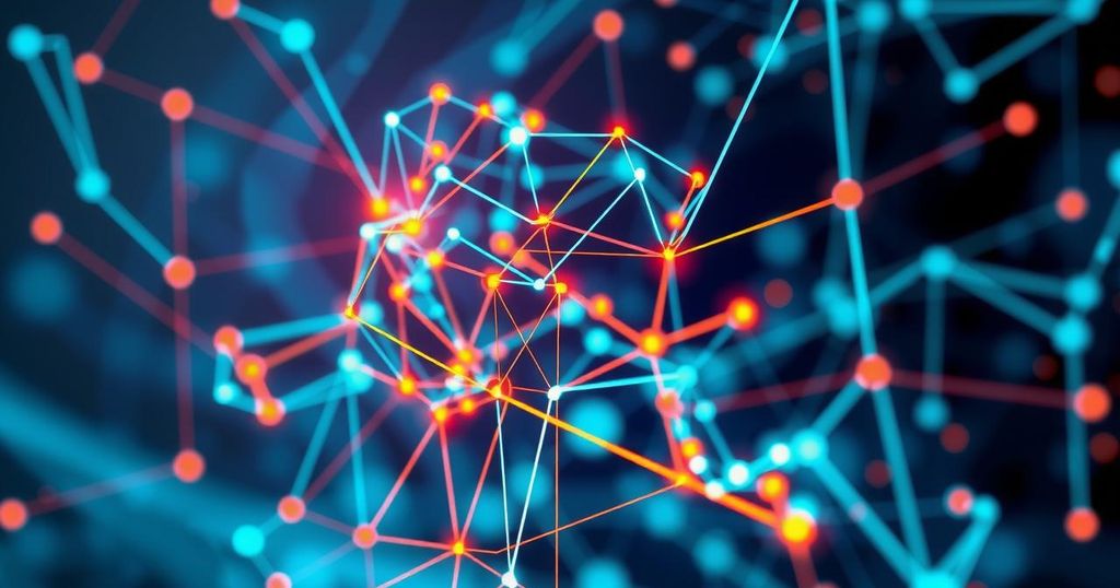 A tech-themed abstract image showing a digital network with AI elements, vibrant colors and connectivity lines.