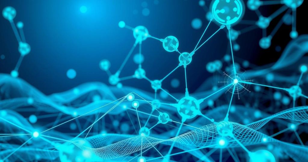 A digital landscape featuring an advanced AI network in blue tones, showcasing interconnected neural paths and nodes.
