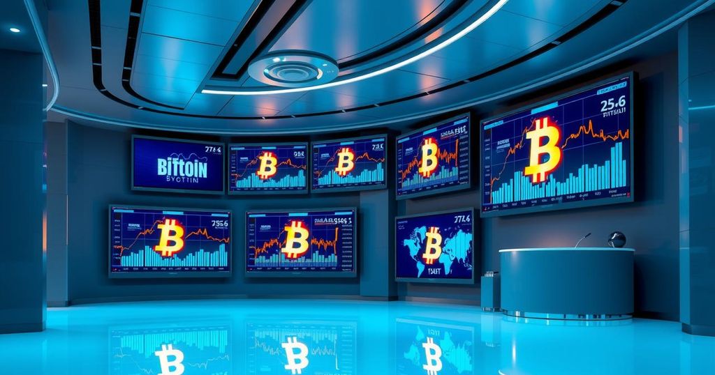 A modern bank interior with digital displays showcasing bitcoin symbols, reflecting innovation in finance.