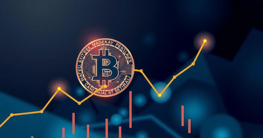 A digital representation of Bitcoin's potential price stability above $100K, with abstract financial motifs and a gradient color scheme.