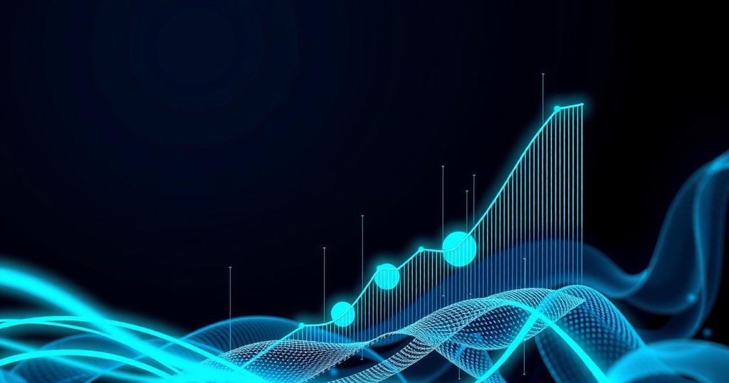 Graphic illustrating AI growth trends with digital elements, vibrant color scheme, and modern tech-inspired design style.