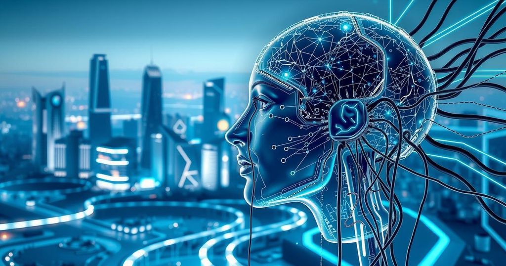 An abstract representation of artificial intelligence and technology with a futuristic theme using cool blue and silver colors.