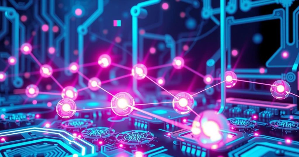 Futuristic visualization of quantum computing and artificial intelligence in a digital landscape with vibrant colors.