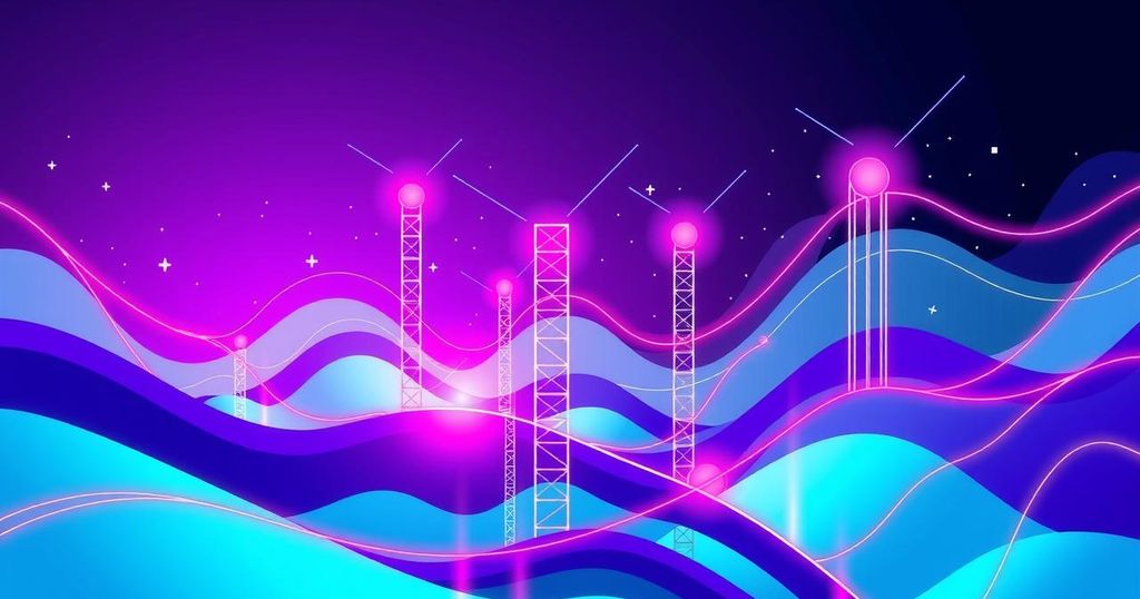A vibrant tech-themed digital landscape with abstract AI elements representing the startup ecosystem and investment trends.