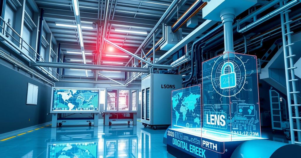 Modern factory with digital twin visualization and industrial elements, showcasing AI transformation in manufacturing.
