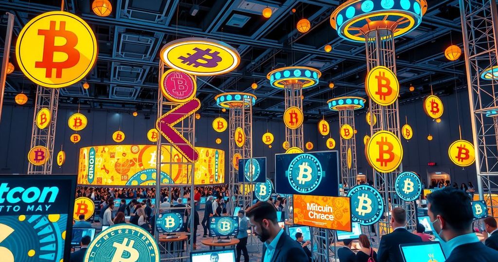 A vibrant futuristic conference scene showcasing bitcoin symbols with a blend of gold and blue colors.