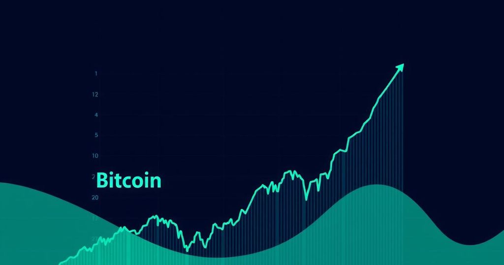 A stylized representation of Bitcoin price trends, featuring abstract graphs and dark color gradients, emphasizing market volatility.