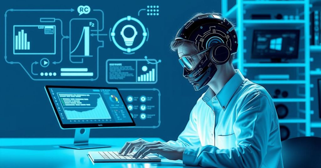 A conceptual illustration of AI tools assisting professionals in communication with modern tech elements.