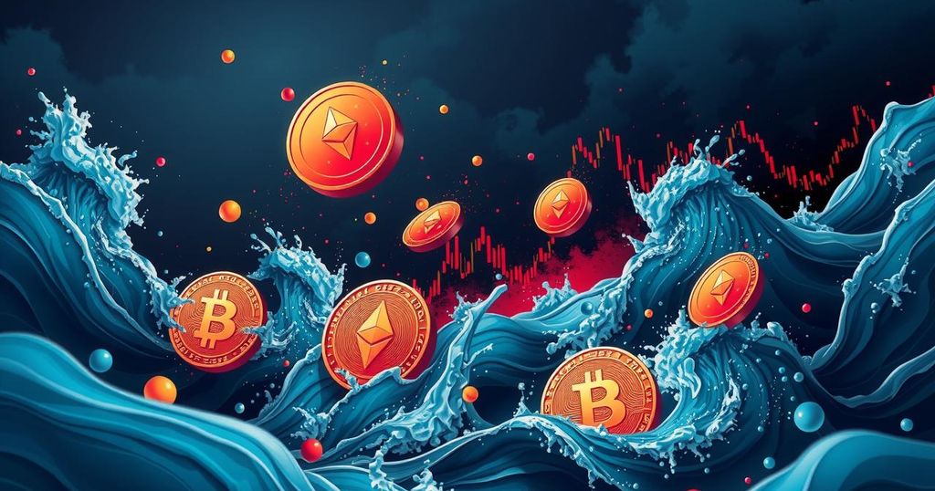 Dynamic scene of a cryptocurrency market crash with falling coins and turbulent waves in dark blue and red hues.