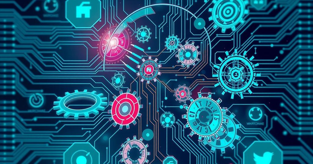 Abstract representation of AI technology with gears and circuit patterns in a blue-green color scheme.