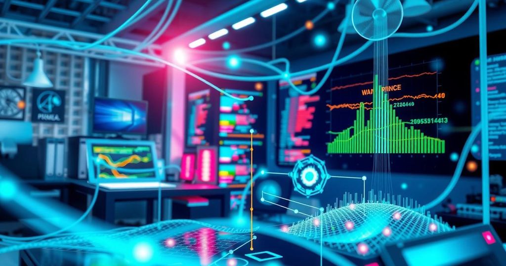 A vibrant workspace showcasing artificial intelligence technology and software development collaboration