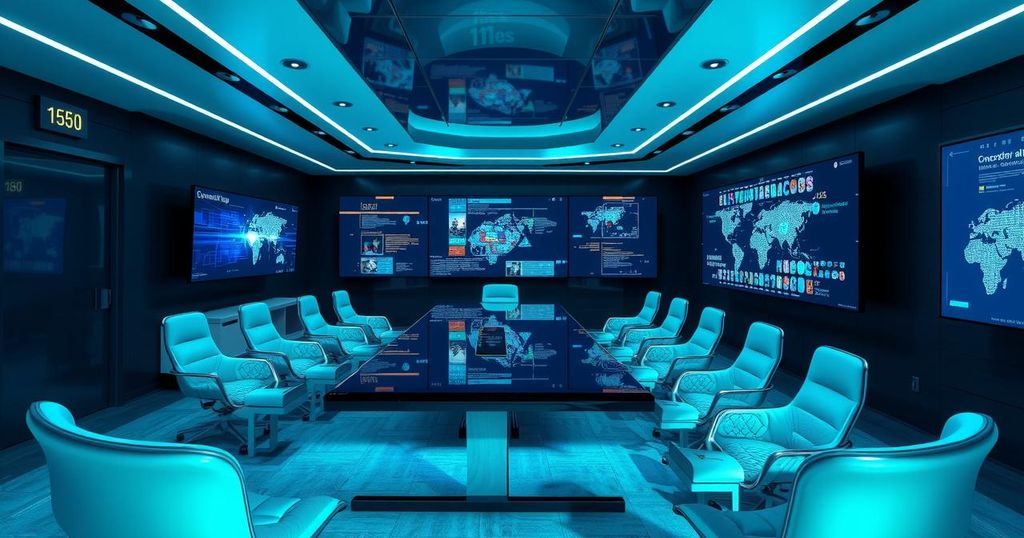 A digital meeting space showcasing futuristic technology innovations and collaboration in a healthcare setting.