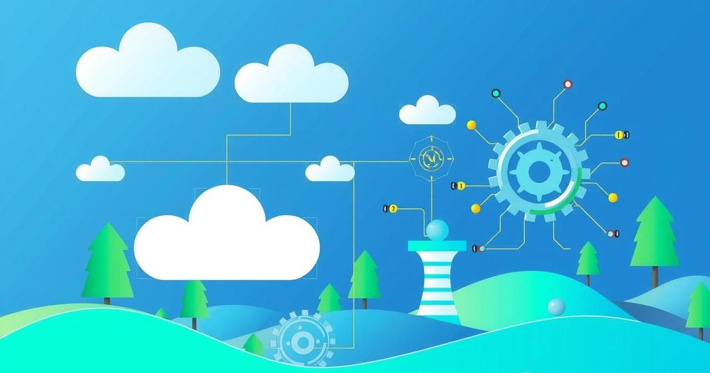 Modern technological landscape symbolizing SMB innovation with cloud computing and AI elements in vibrant colors.