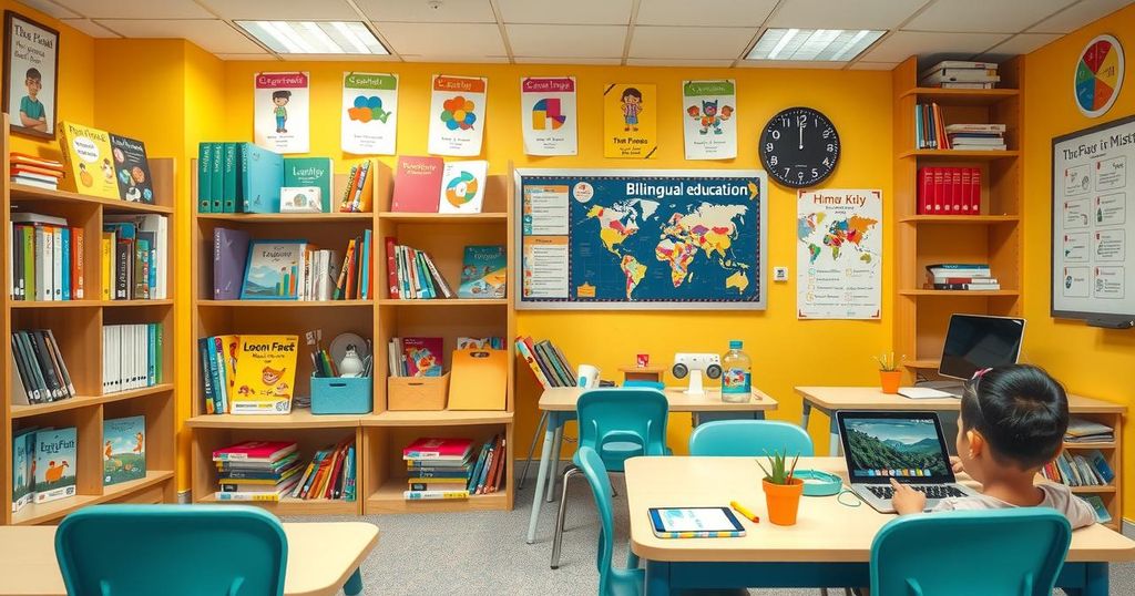 A vibrant classroom with educational tools showcasing bilingual learning and technology, emphasizing AI's role in education.