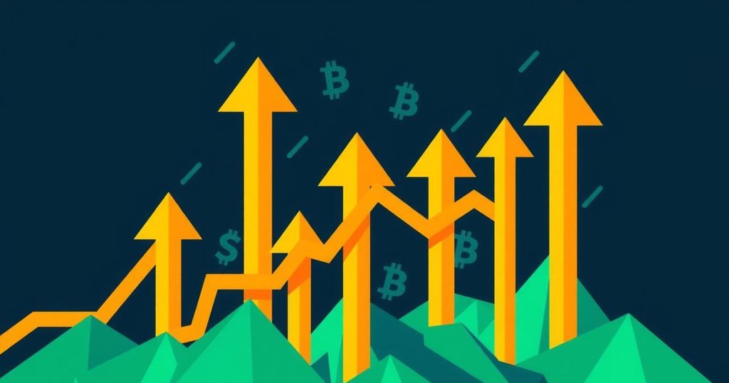 A vibrant graphic of rising bitcoin prices with upward arrows, showcasing a digital currency theme and modern artistic style.