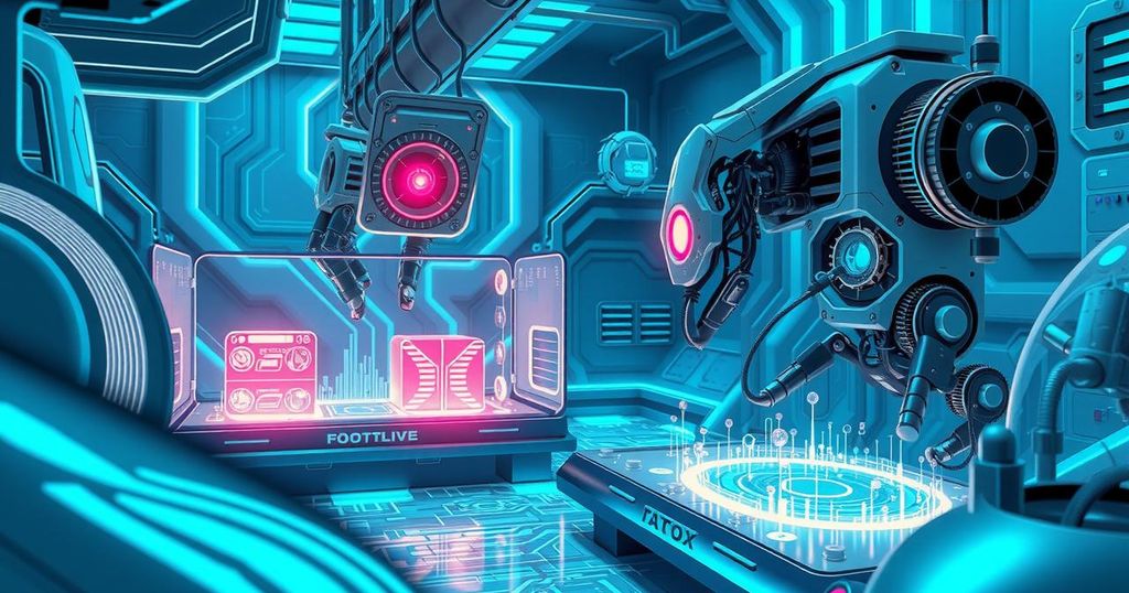 A futuristic AI landscape with robotic elements and glowing circuits, showcasing the illusion of intelligence in machines.
