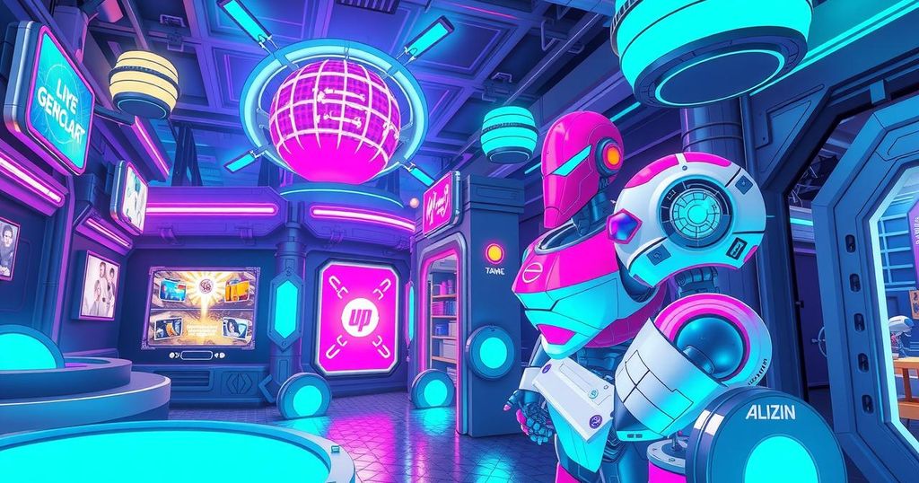 Futuristic theme park with immersive tech like LED screens, holograms, and robots enhancing visitor experience.