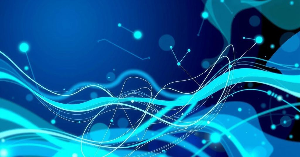 An abstract representation of digital transformation and AI in biopharma with vibrant colors and flowing data lines.