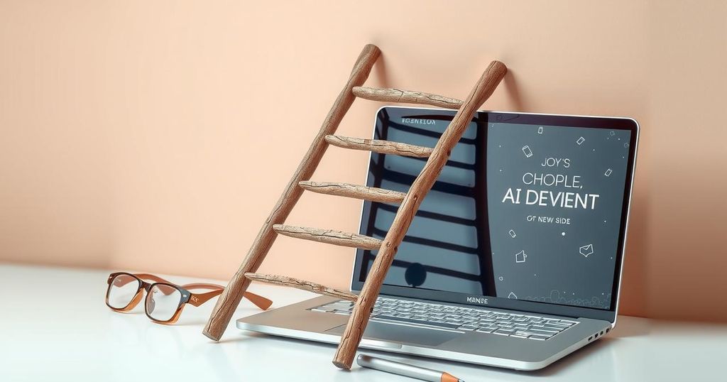 Still life of a broken ladder beside a laptop with AI elements, symbolizing shifts in career opportunities for graduates.