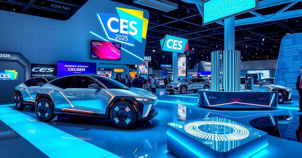 Futuristic concept of AI-driven automotive technology at CES, showcasing autonomous vehicles and innovative displays.