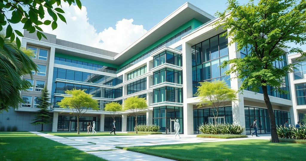 University campus representing a thriving Master's program in Artificial Intelligence with vibrant educational colors.
