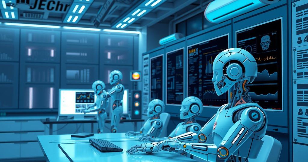 Illustration depicting a digital landscape with robots and computers symbolizing automated job displacement.