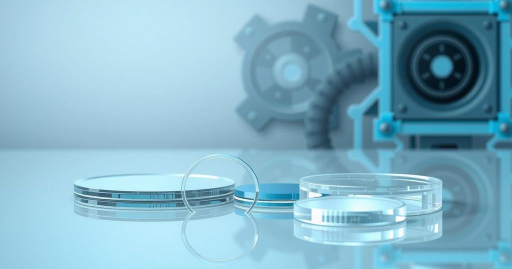 Highly precise glass wafers for semiconductor applications set against a technological background with a clean color scheme.