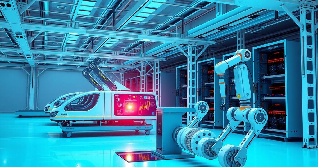 A digital representation of a futuristic AI factory, showcasing advanced robotics and high-performance computing systems.