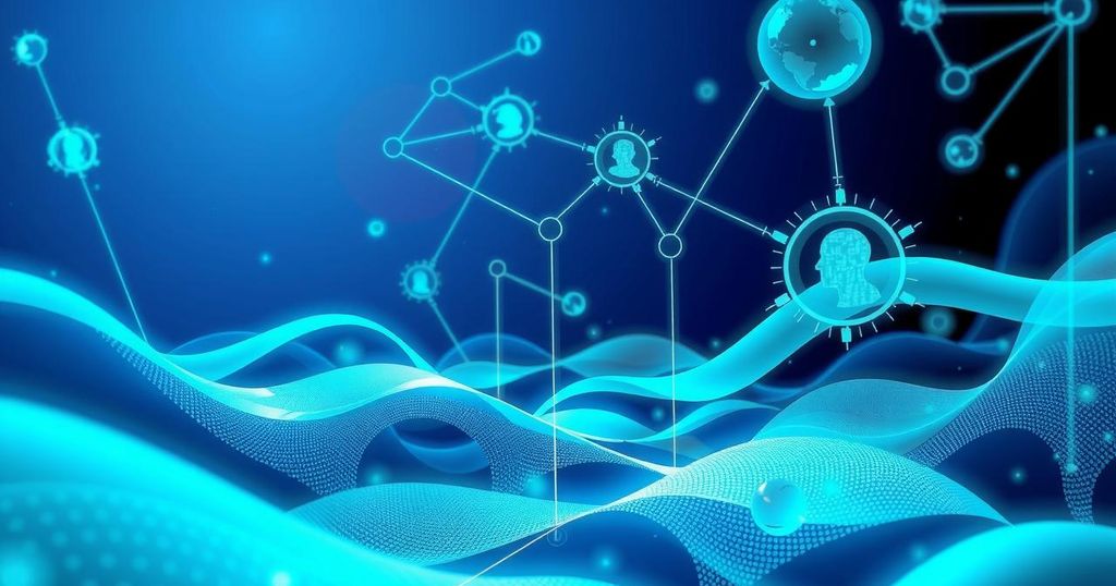 A digital landscape showcasing advanced technology and connectivity, with blue and green tones highlighting innovation.