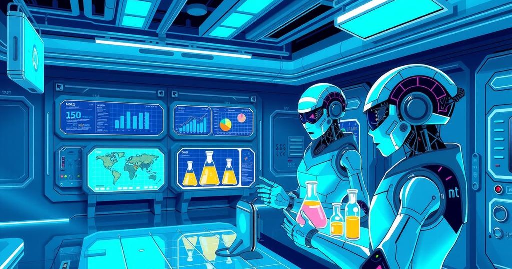 Futuristic lab with advanced AI systems conducting research and experiments, bright colors and abstract design