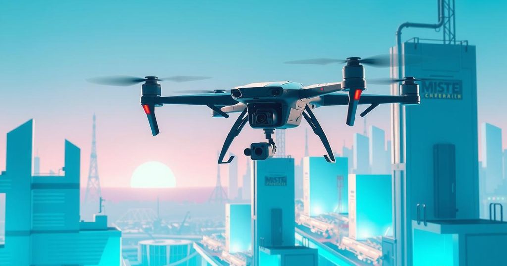 A futuristic drone in a high-tech industrial landscape with bold colors, showcasing innovation and technology.