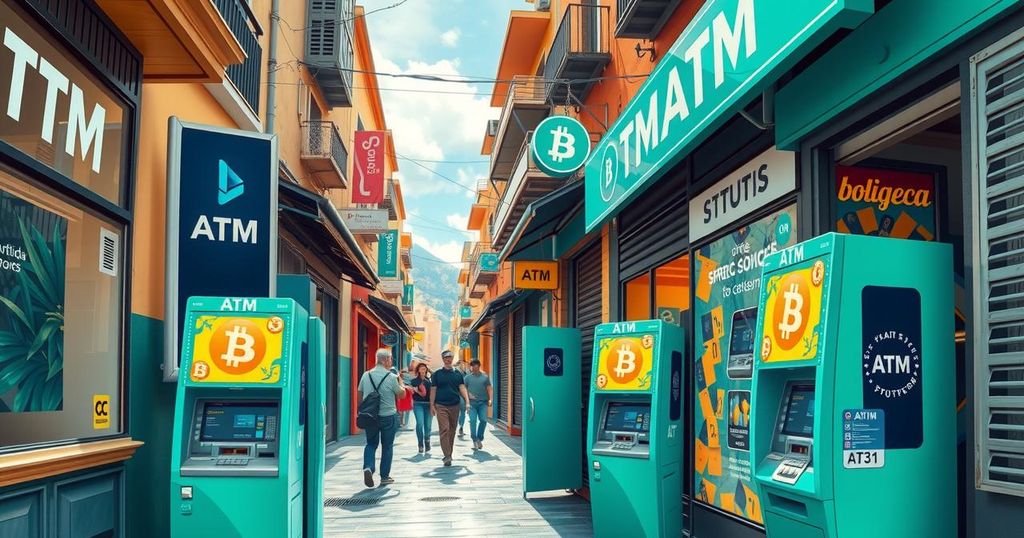 Cryptocurrency ATMs in a lively Bolivian city, featuring vibrant colors and modern financial technology.