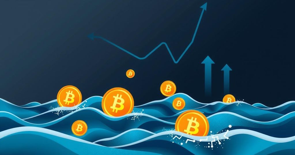A digital representation of cryptocurrency market volatility with symbolic Bitcoin graphics and a stylized downward trend.