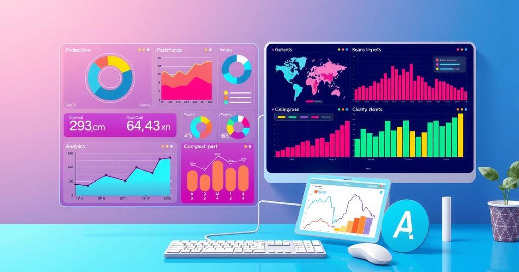 A digital workspace showing software engineering data dashboards with insightful graphs and analytics in soft colors.