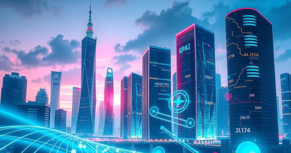 Futuristic city skyline with AI integration, showcasing connectivity and advanced technology in vibrant colors.