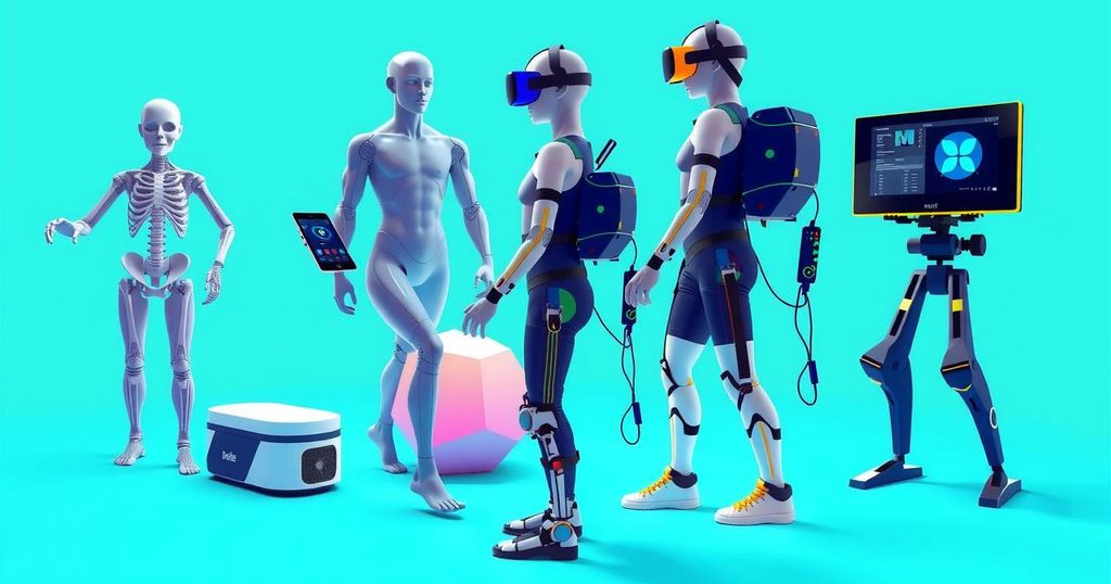 A vibrant illustration of physiotherapy tools like robotics, wearables, and virtual reality devices enhancing recovery.