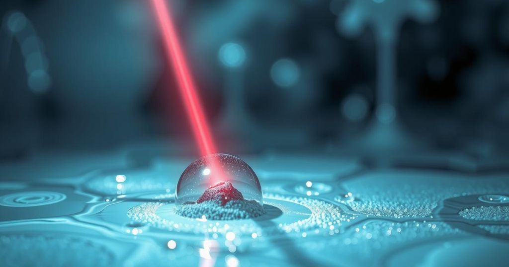 A laser beam illuminating a small reflective object obscured by a turbid medium, highlighting optical measurement techniques.