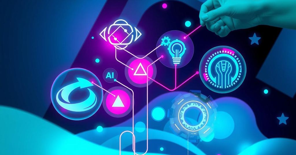 Abstract representation of emerging tech innovations, featuring digital symbols and futuristic elements in vibrant colors.