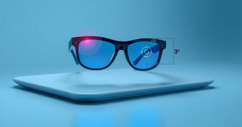 Futuristic smart glasses with eye-tracking technology on a sleek geometric surface, featuring a blue and gray color scheme.
