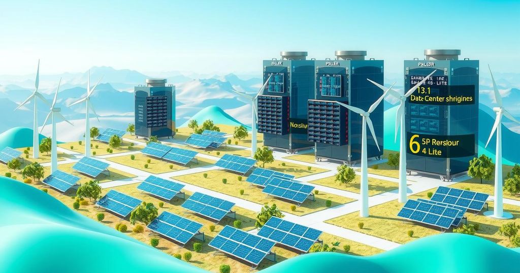 A digital landscape with data centers and energy sources showing the intersection of AI and energy demands.
