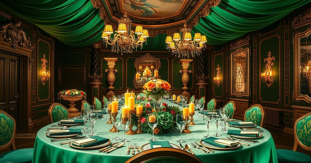 A luxurious gala venue decorated with gold and green, set for a cryptocurrency dinner, without any people or flags.