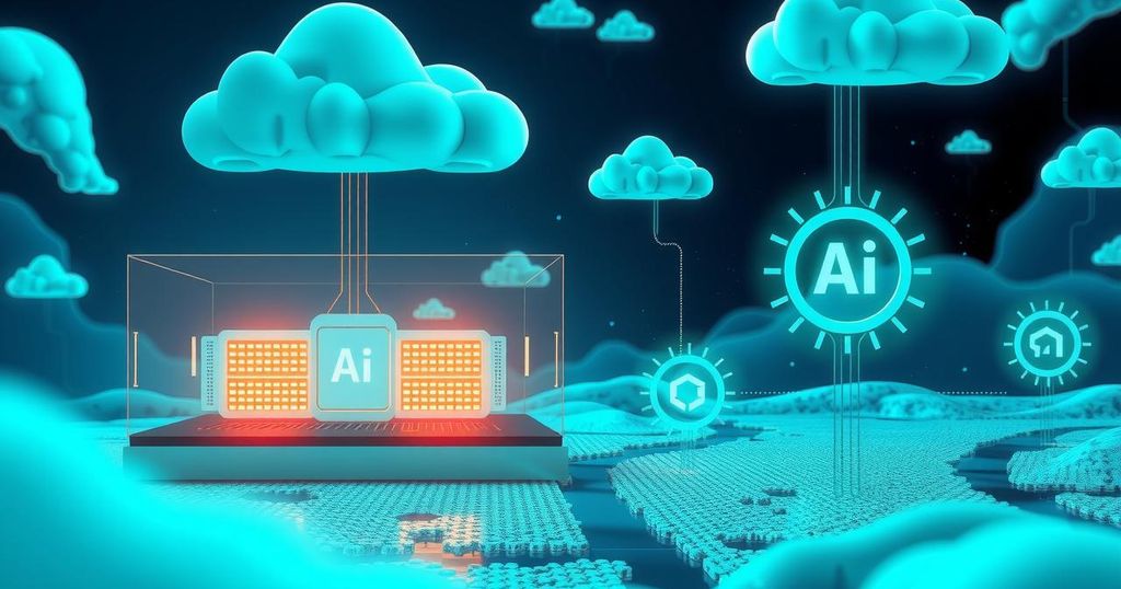 Vibrant AI-themed technology landscape with GPUs and cloud infrastructure, showcasing innovation and growth in tech.