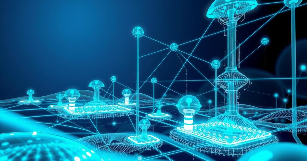 A modern technology landscape showing innovation and growth with digital elements in shades of blue and green.