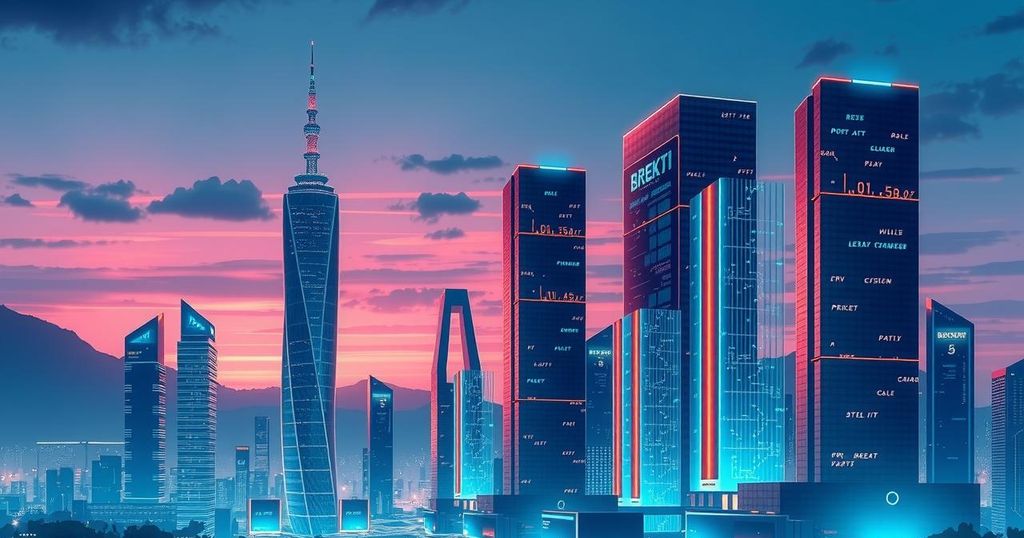 A vibrant city skyline at dusk, illuminated by lights, with modern architecture and digital elements symbolizing technology.
