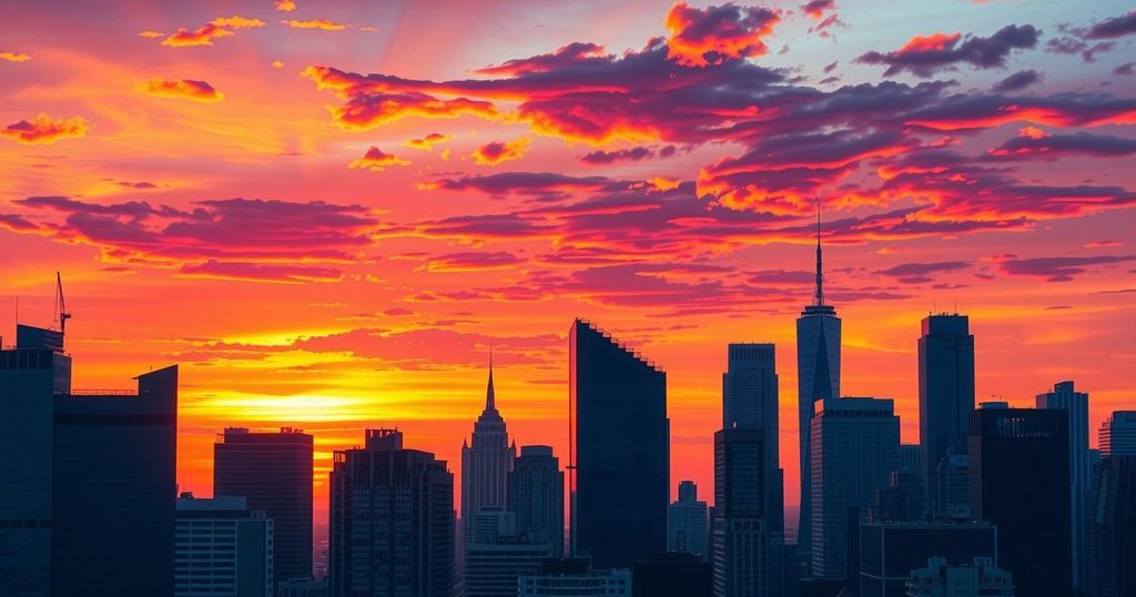 A vibrant sunset over a city skyline, symbolizing change, with silhouettes of urban buildings and economic themes.