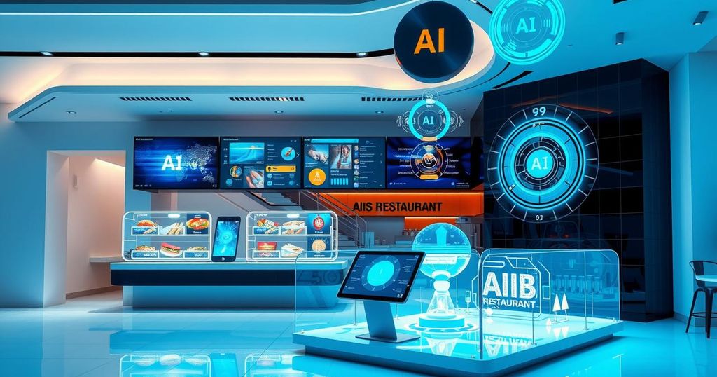Futuristic restaurant tech display featuring AI devices and smart systems in a modern setting.